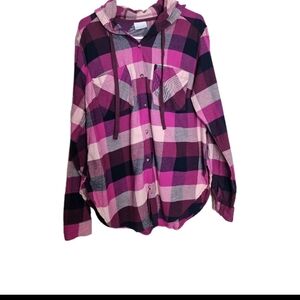 Columbia Shirt Womens L Multicolor Plaid Anytime Stretch Hoodie Button Up Top
